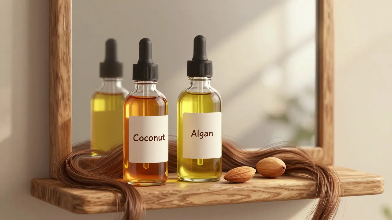 Tři lahvičky s přírodními oleji – kokosový, mandlový a arganový – stojí na dřevěné polici.