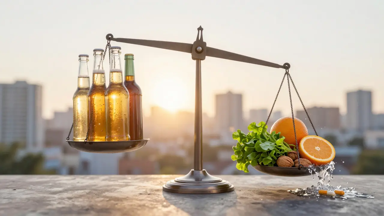 Váha s alkoholovými lahvemi na jedné straně a zdravými potravinami na druhé.