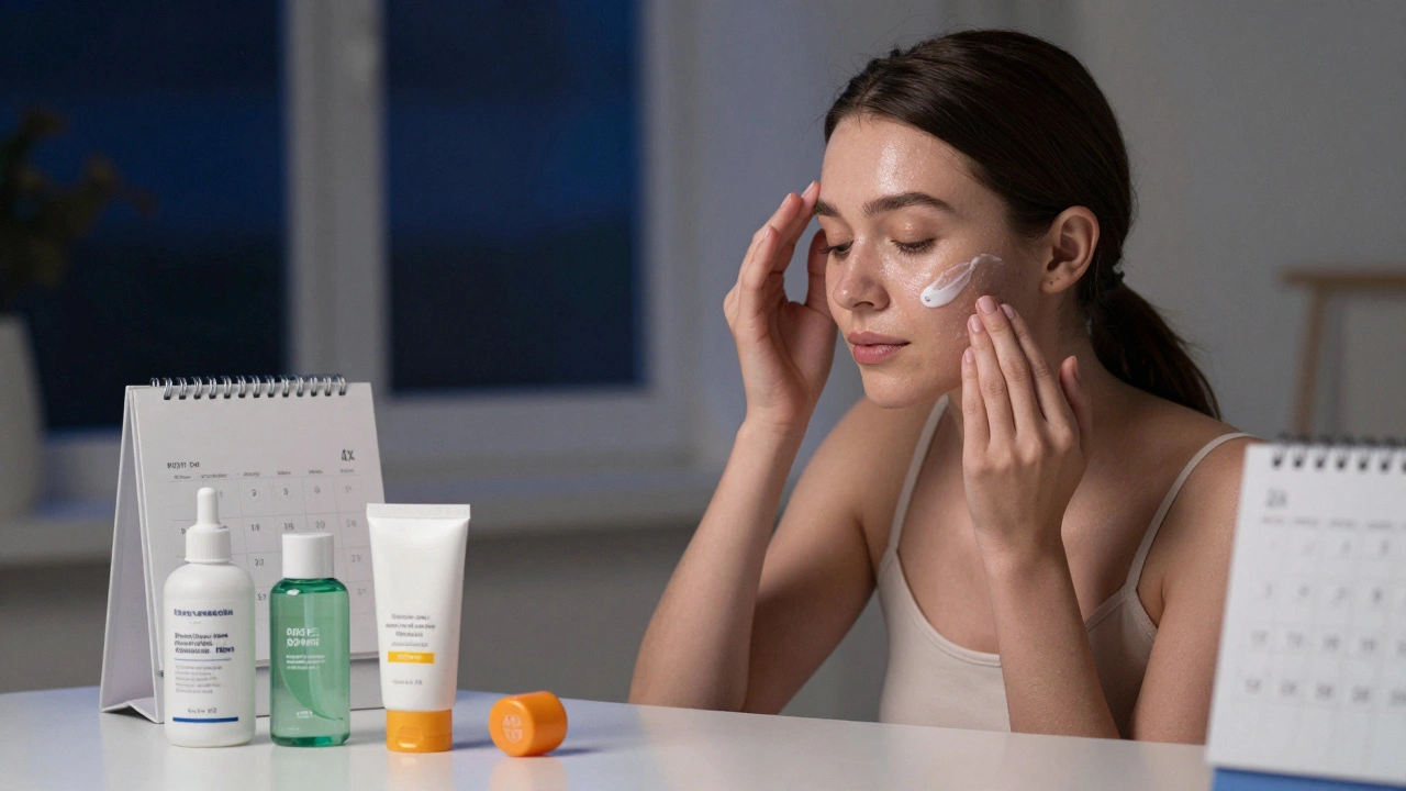 Večerní péče o pleť: aplikace hydratačního séra po odličování s potřebami na stole.
