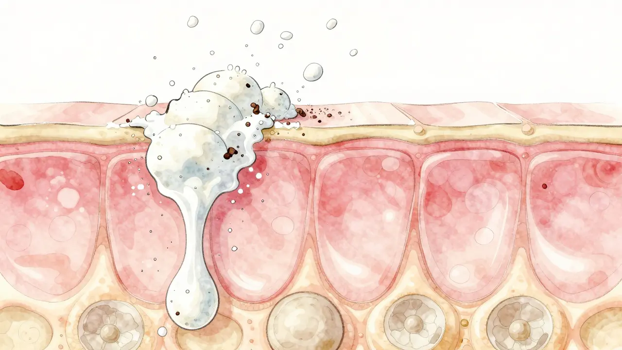 Vizualizace jak gommage přilne k mrtvým buňkám a odstraňuje je z pleti.