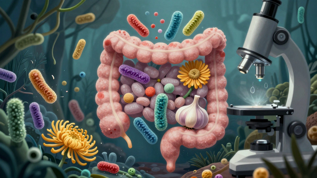 Vizualizace střevního ekosystému s užitečnými bakteriemi a prebiotickými vlákninami jako živým zahradním světem.