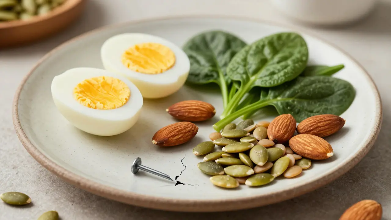 Zdravá jídla pro silné nehty na talíři s křehkým nehtem v popředí.