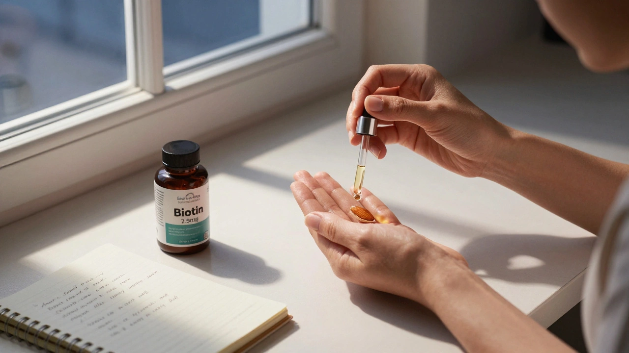 Žena aplikuje olej na nehty v noci, vedle ní doplněk biotinu a den v okně, symbolizující zlepšení.