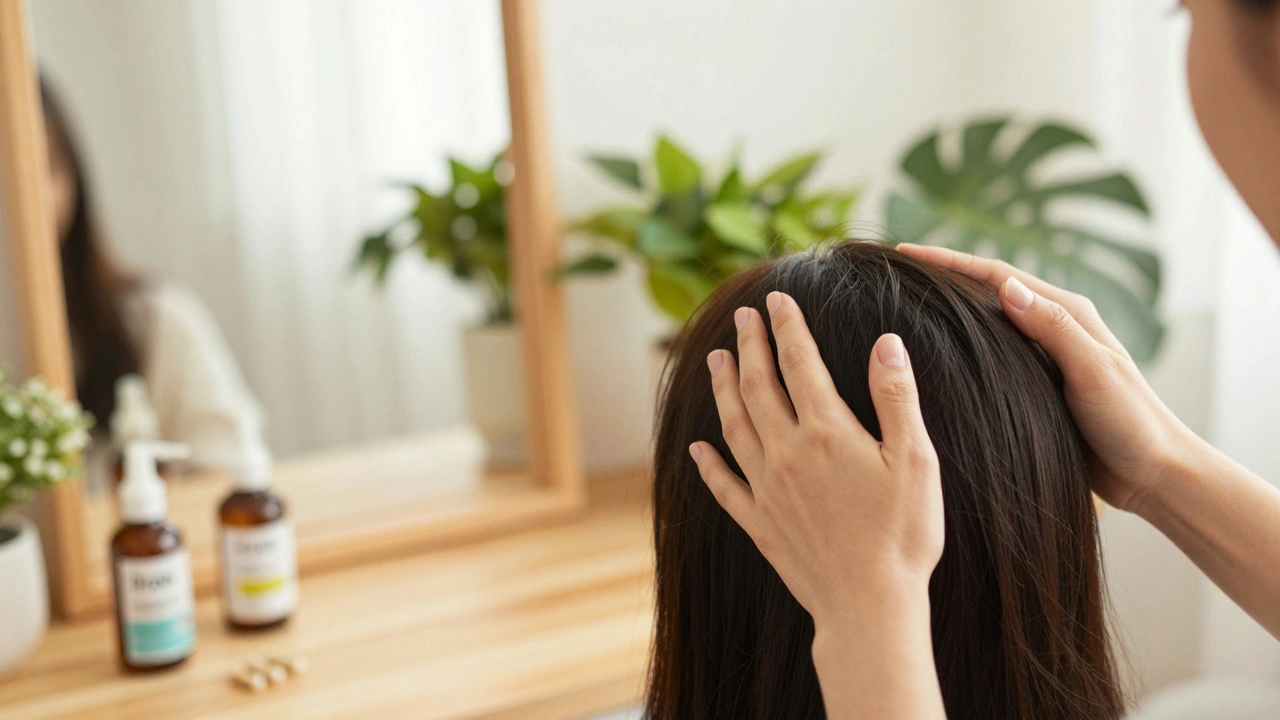 Žena provádí masáž hlavy před zrcadlem s léky na stole.