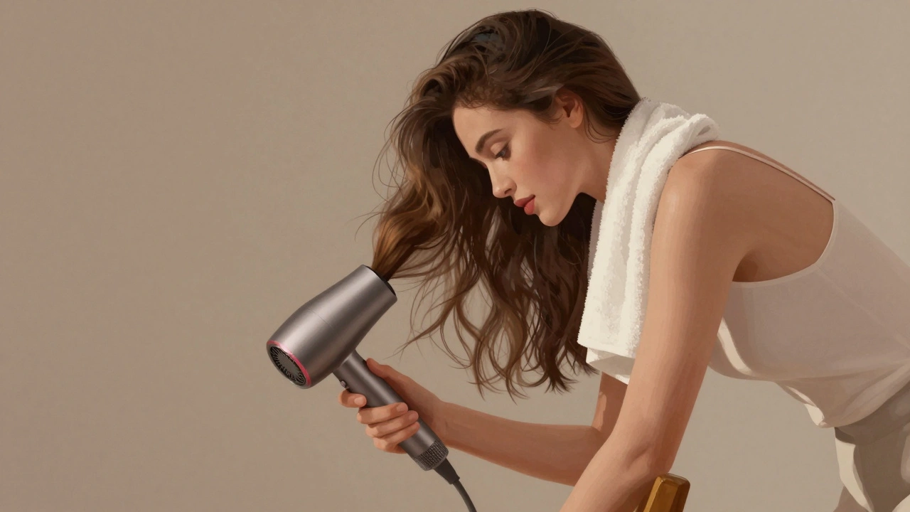 Žena suší vlasy obráceně hlavou dolů pomocí sušičky.