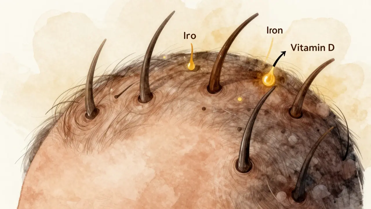 Zvětšený pohled na vlasové folikuly s přílivem živin jako železo a vitamín D.