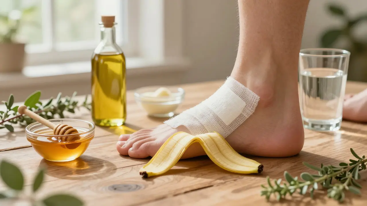 Banánová slupka přiložená k pata s obvazem, vedle med a ocet v přírodním prostředí.