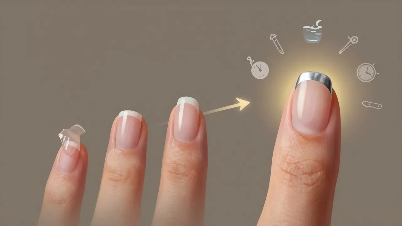Časová osa nehtů: gel, akryl a přirozený neht v různých fázích růstu.