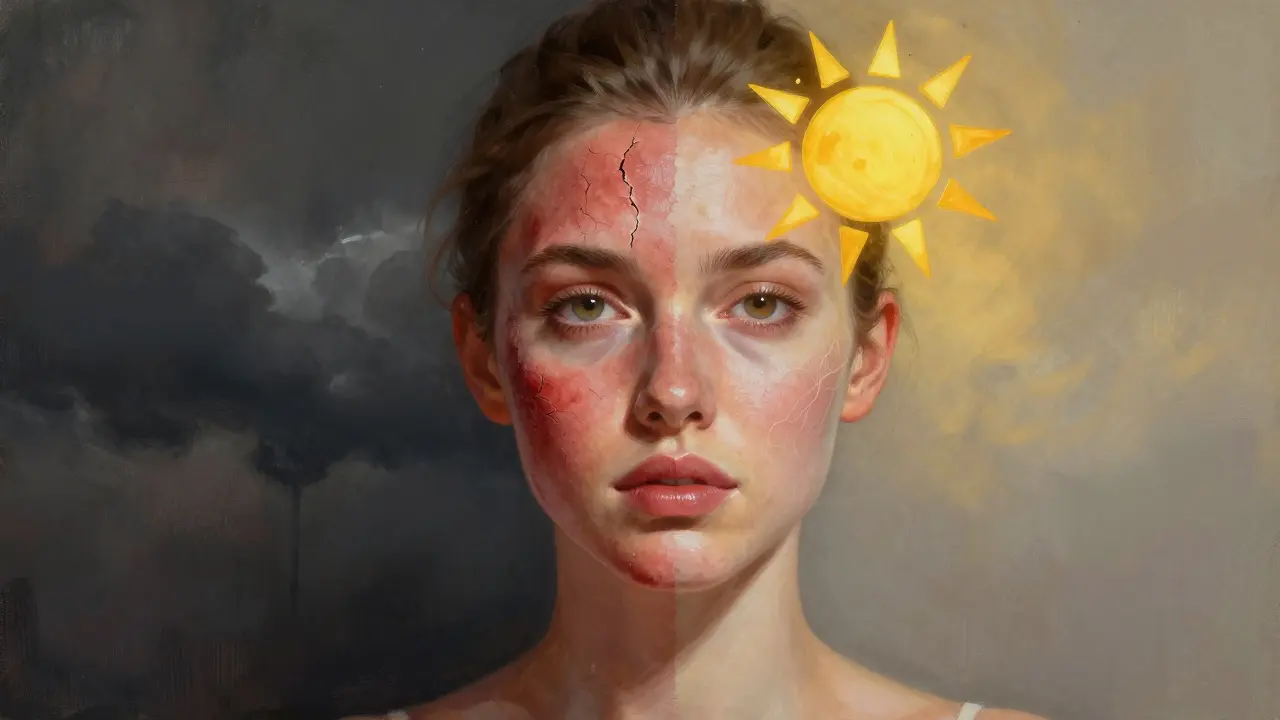 Dvě poloviny tváře: jedna poškozená, druhá zdravá – kontrast špatných a správných péčí o kůži.