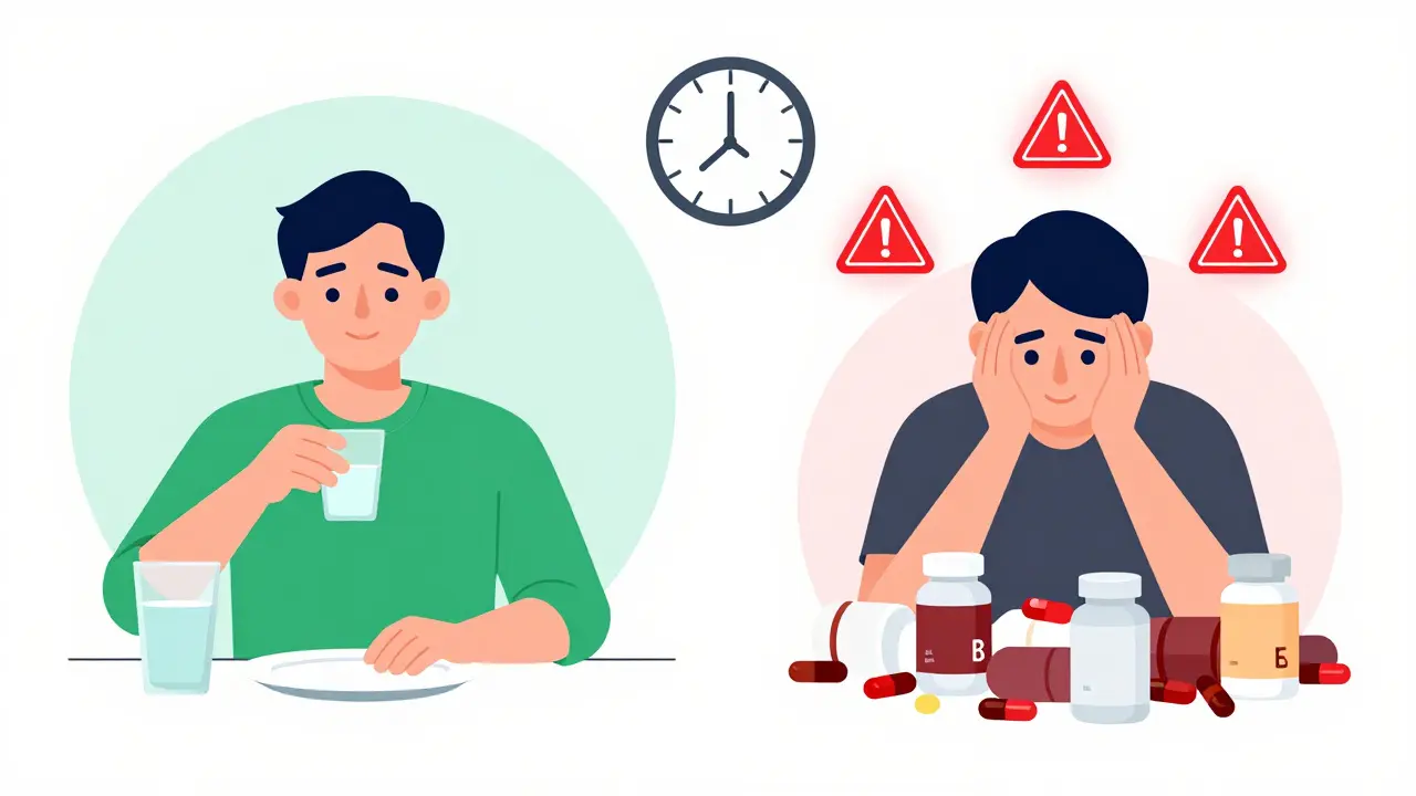 Dvě scény: jedna s vyváženým příjmem multivitamínu, druhá s přebytkem doplňků a varovnými symboly.