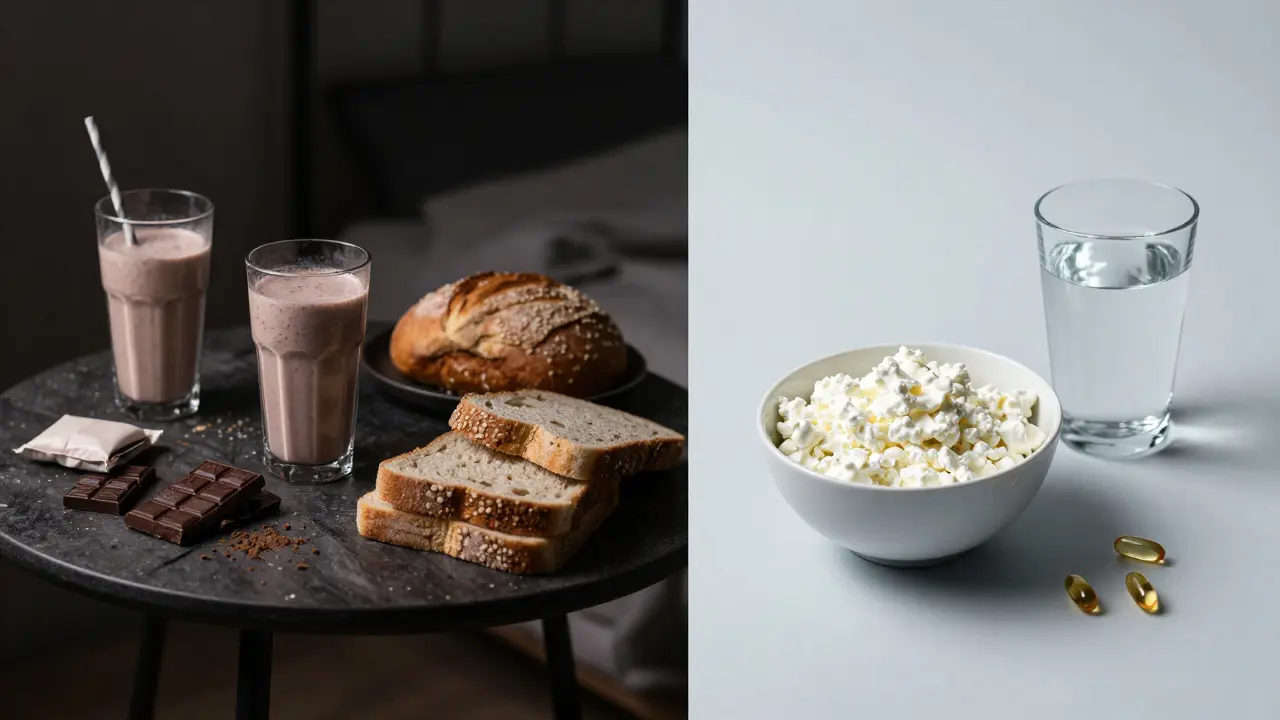 Dvě večerní stolky: jedna s nezdravými jídly, druhá s optimálními doplňky pro spánek.