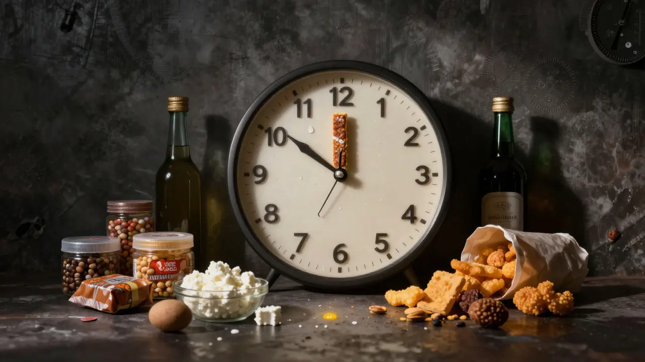 Hodiny s ručičkami z potravin, okolo nich zákazné a zdravé volby.