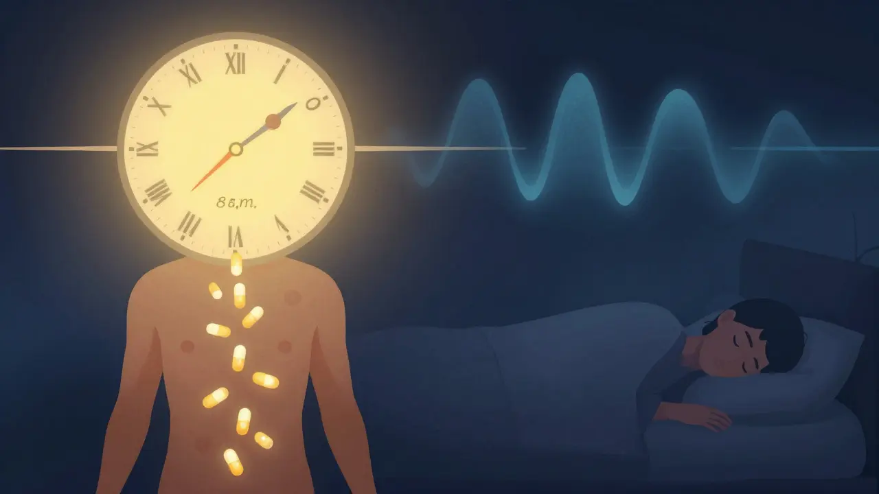 Ilustrace biologického rytmu dne: vitamín D aktivován ráno, večer ruší spánek.