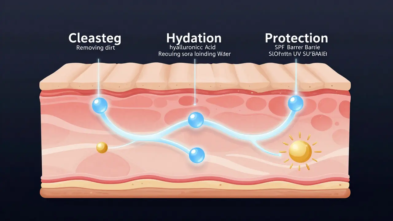 Ilustrace kůže s třemi základními kroky péče: čištění, hydratace a ochrana před UV.