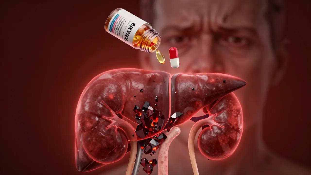 Játra a ledviny s hromaděním přebytku železa a vitamínu A, symbolizující toxické předávkování.