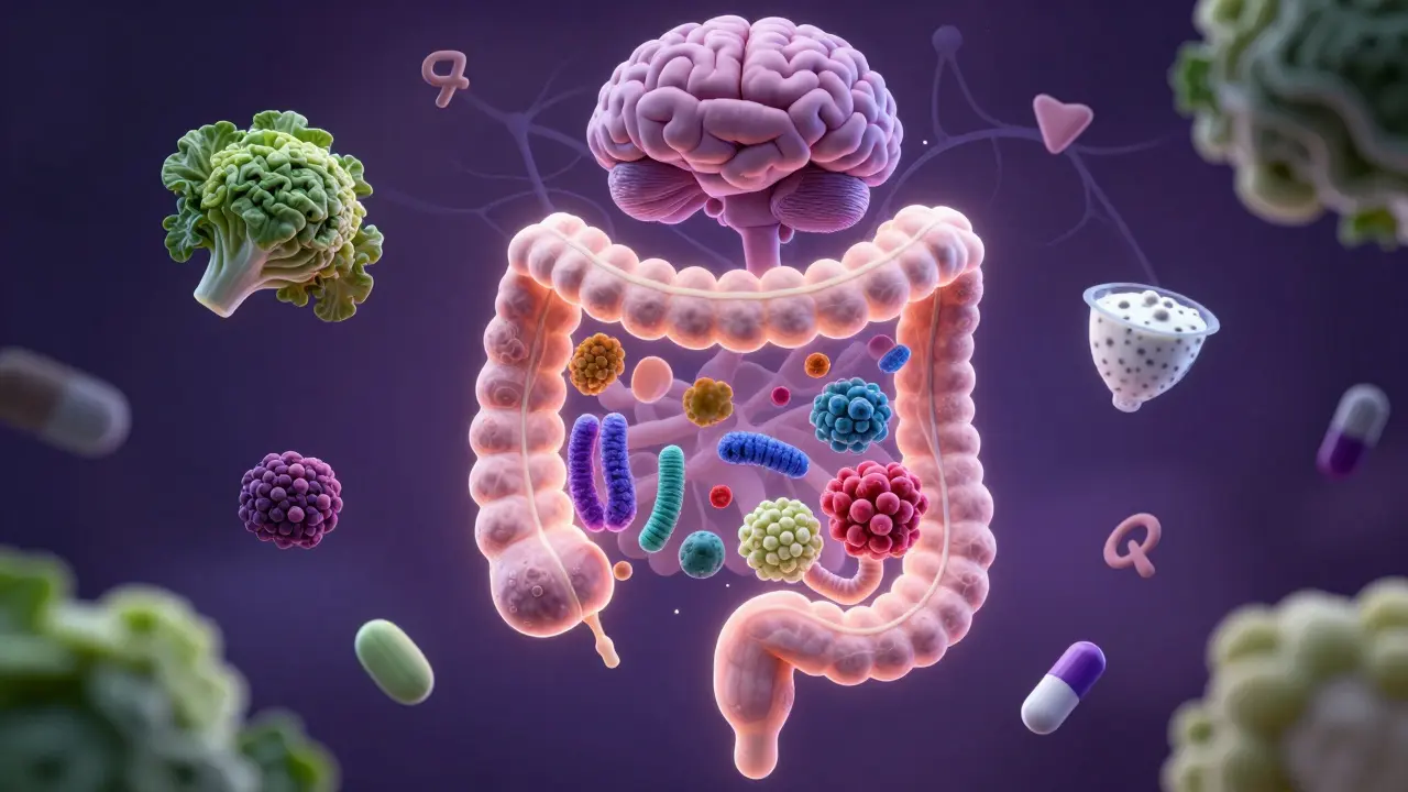 Konceptuální obrázek střevní mikroflóry propojené s mozkem, podporované probiotiky a fermentovanými potravinami.