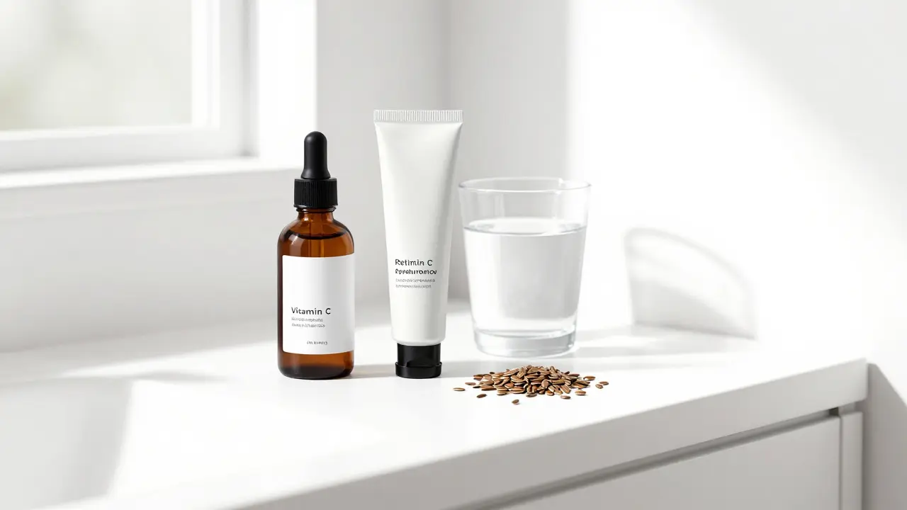 Minimální koupelna s třemi účinnými kosmetickými přípravky a lněnými semínky na stole.