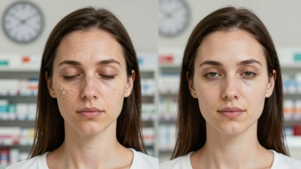 Porovnání suché a zotavené pleti po použití Eucerinu.