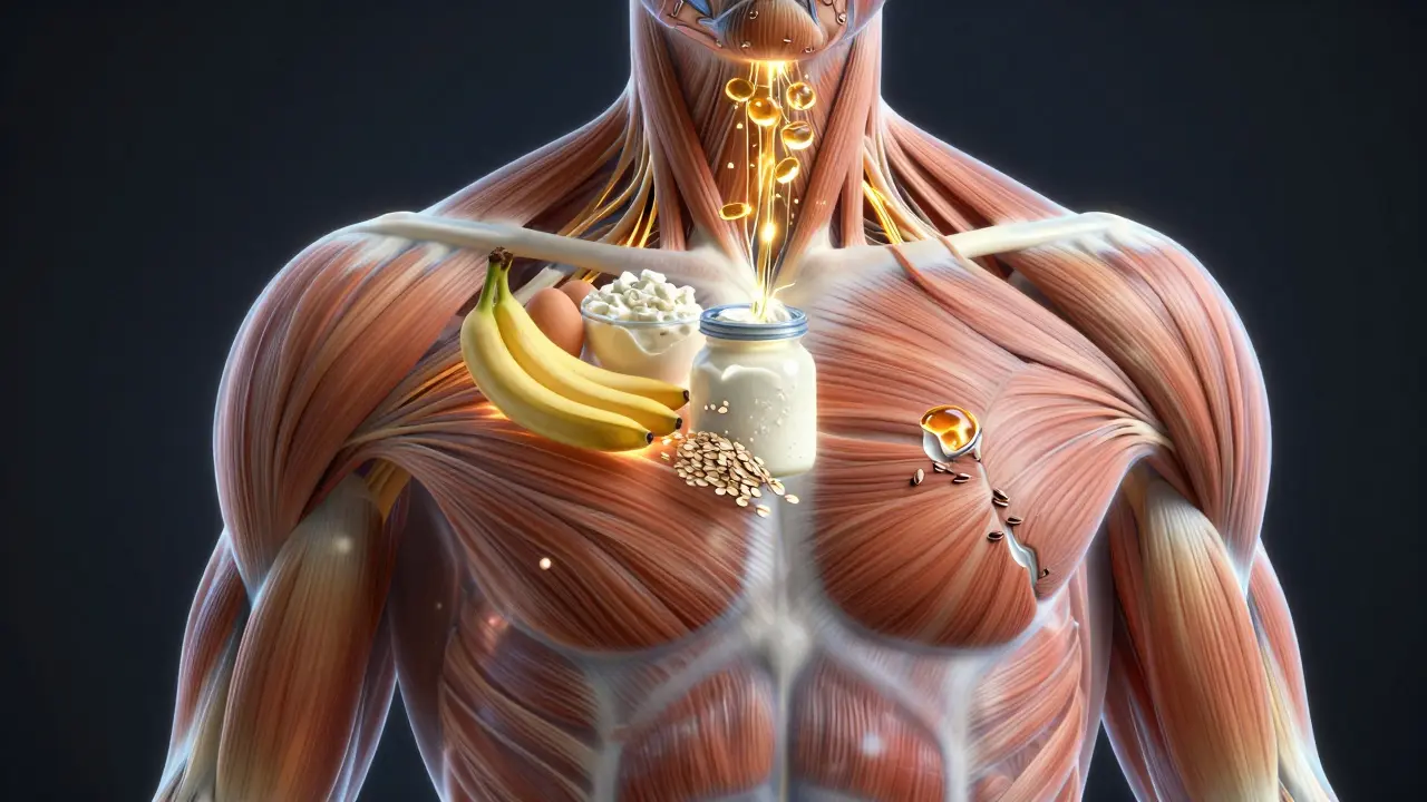 Průhledný lidský sval se obnovuje pomocí bílkovin, uhlíků a omega-3 tuků.