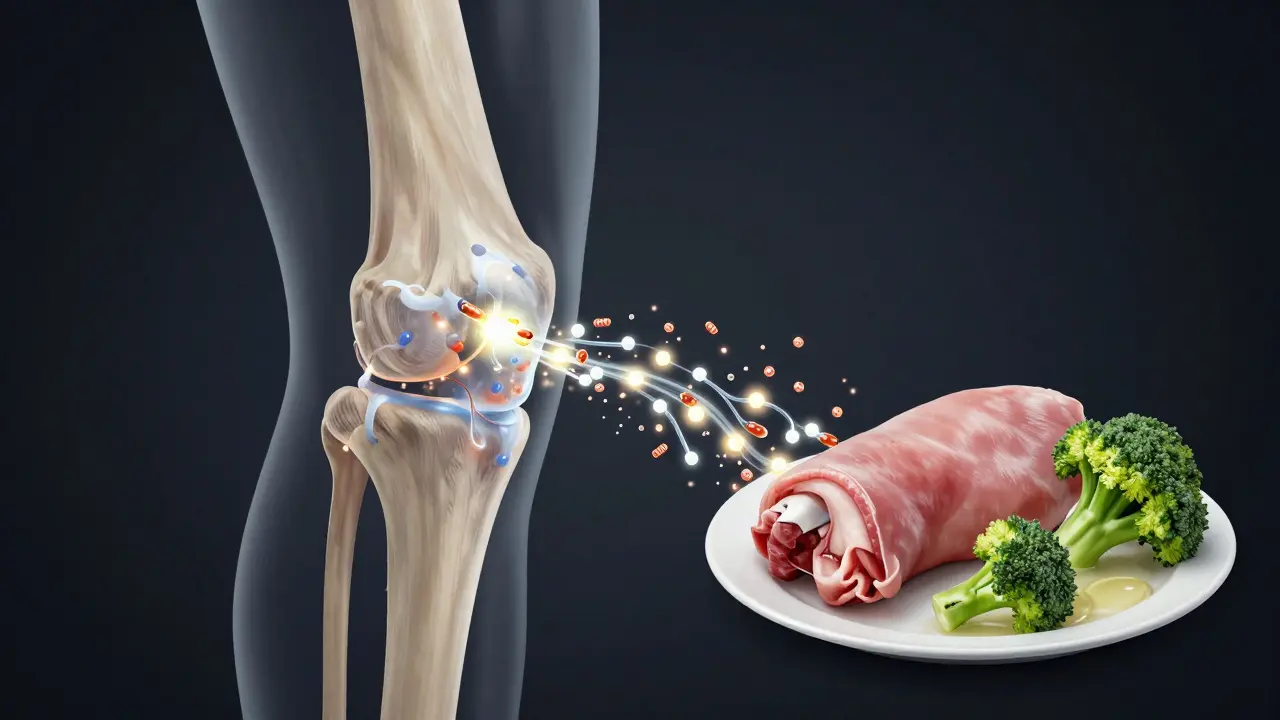 Průřez kloubu, kde aminokyseliny z masa a zeleniny staví novou chrupavku.