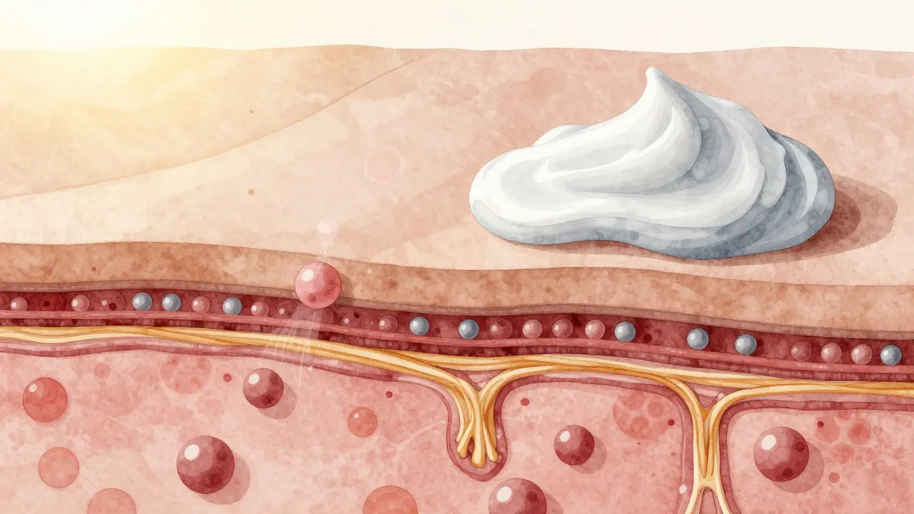 Průřez kůže ukazující, jak sérum proniká do dermy zatímco krém zůstává na povrchu.