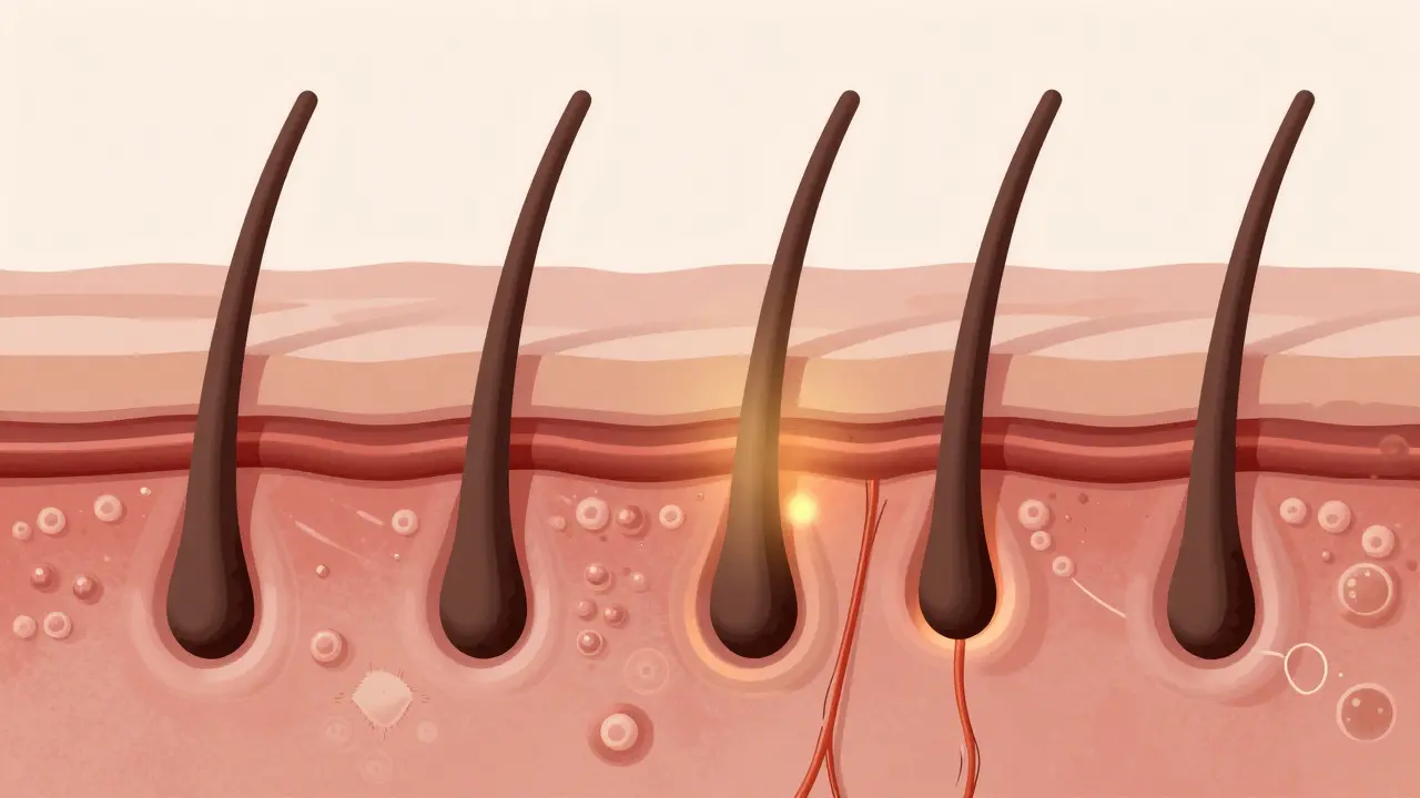 Průřez kůže ukazující oříznuté vlasové folikuly a regenerující krevní cévy.