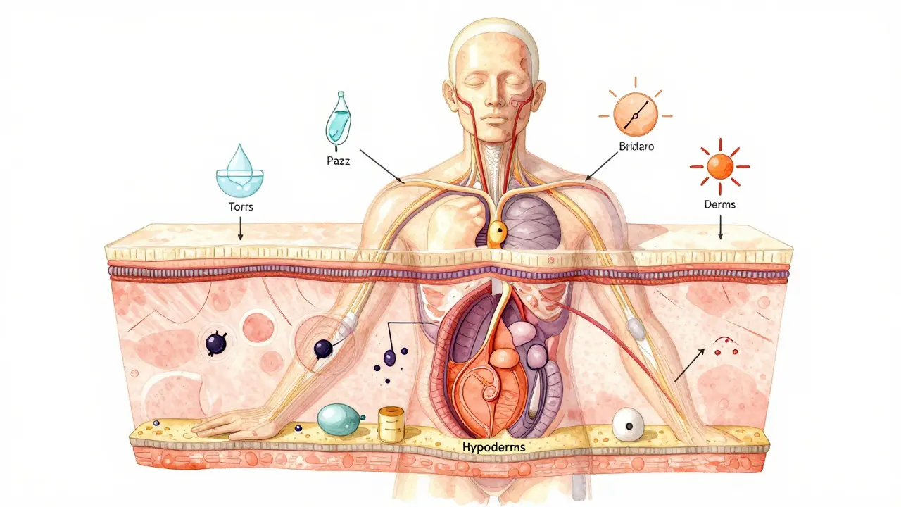Průřez lidské kůže s vyobrazením jejích vrstev a funkčních procesů.