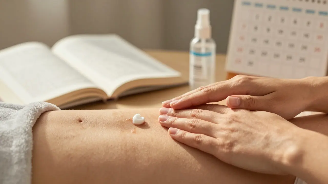Ruce aplikují krém na stretch marky, v pozadí kniha a hygienické potřeby.