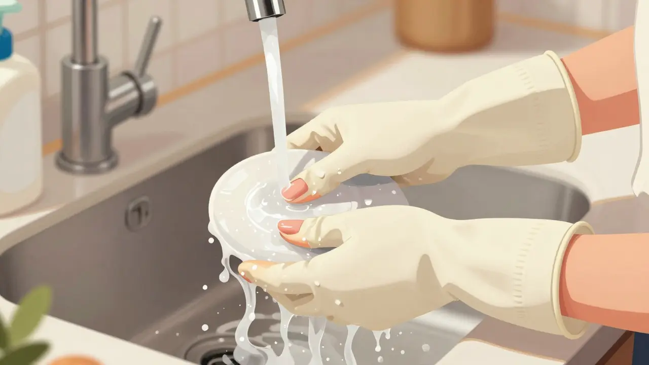 Ruce v rukavicích myjí nádobí, viditelné gelové nehty s mírným poškozením.
