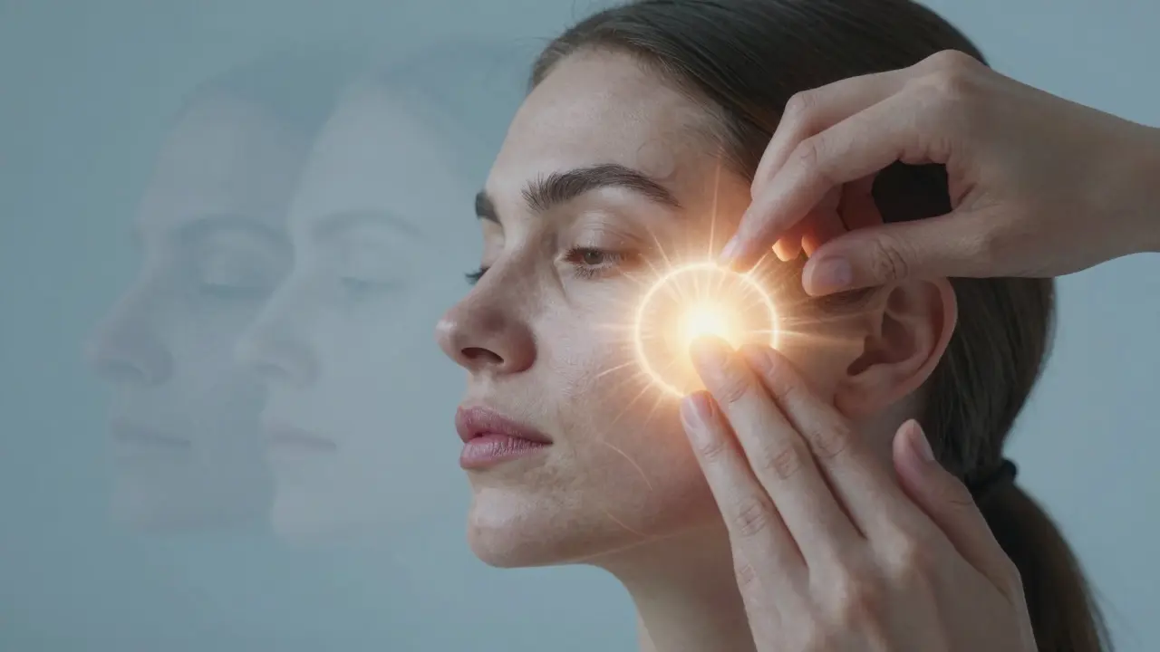 Ruka aplikující sérum na tvář s jemným zářením, které symbolizuje obnovu pokožky.