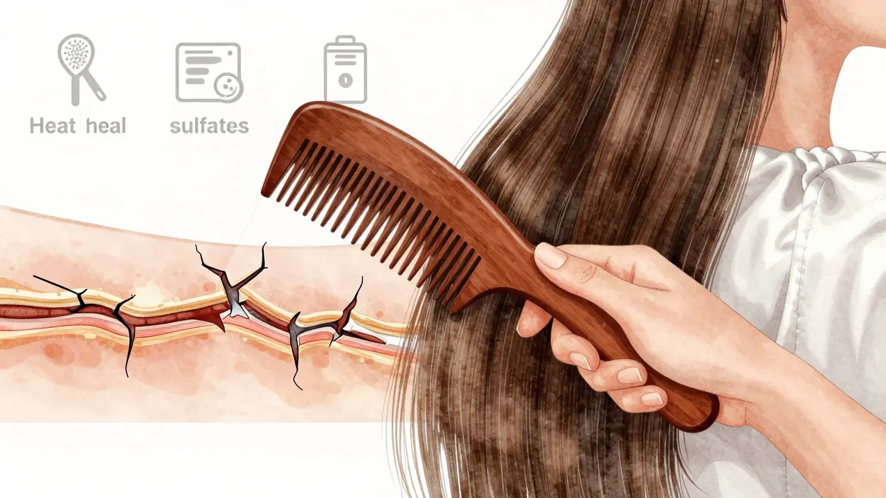 Ruky česají vlasy dřevěným hřebenem, s transparentním zobrazením poškozeného vlasového kératinu.