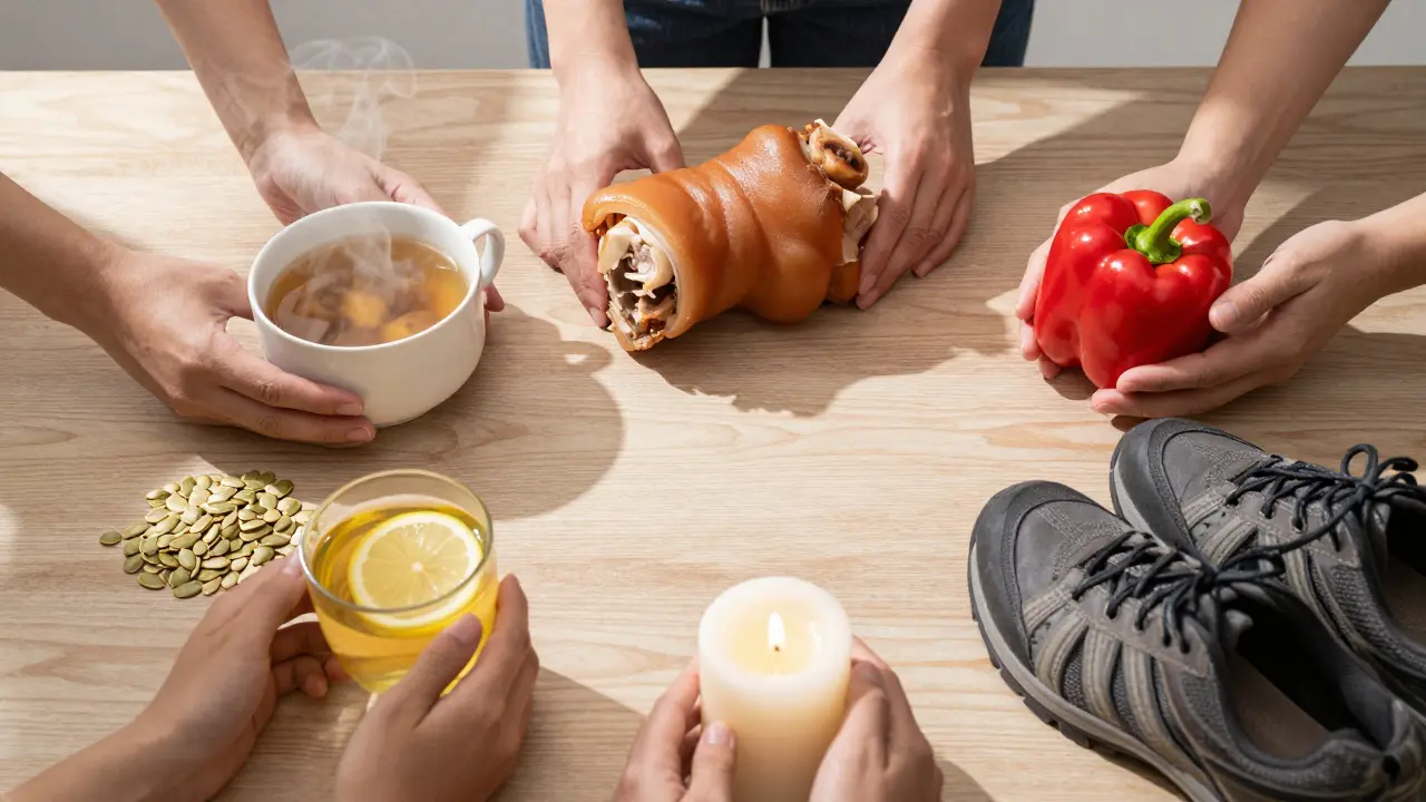 Sedm denních prvků podpory kloubů: vývar, maso, zelenina, semínka, citron, obuv a svíčka.