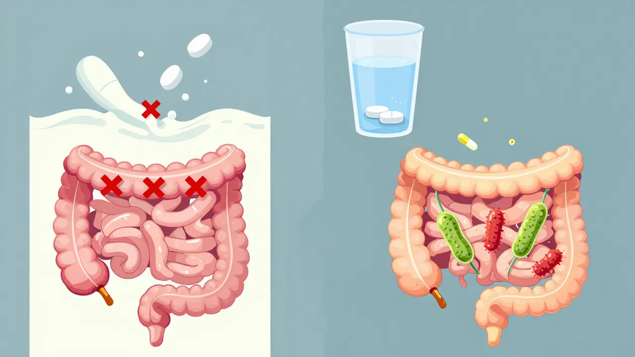 Srovnání špatného a správného způsobu užívání antibiotik s vlivem na střevní mikroflóru.