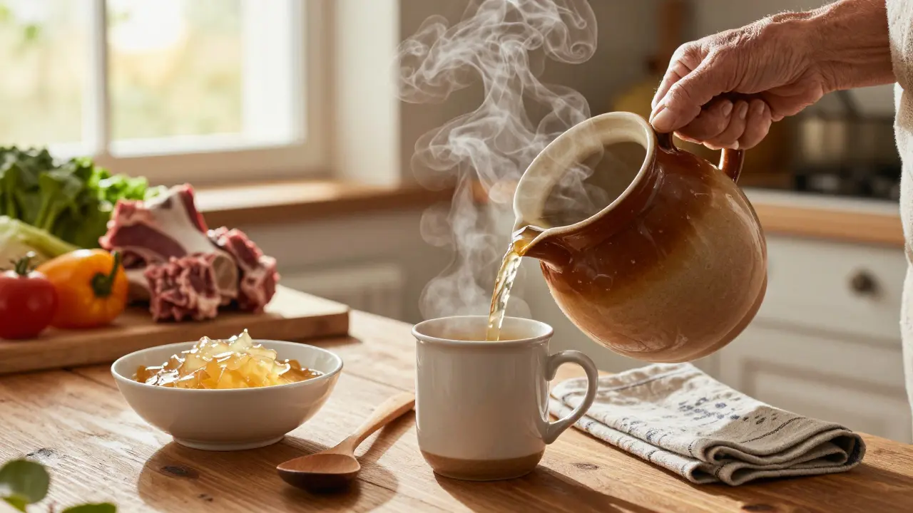 Starší osoba nalévá vývar z kostí do šálku v kuchyni