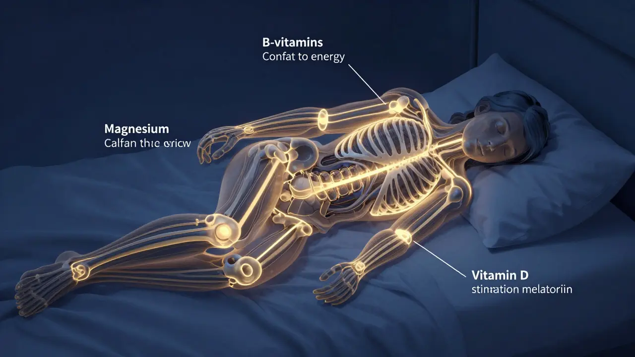 Stylizovaný náčrt lidského těla v noci s označenými metabolickými procesy.