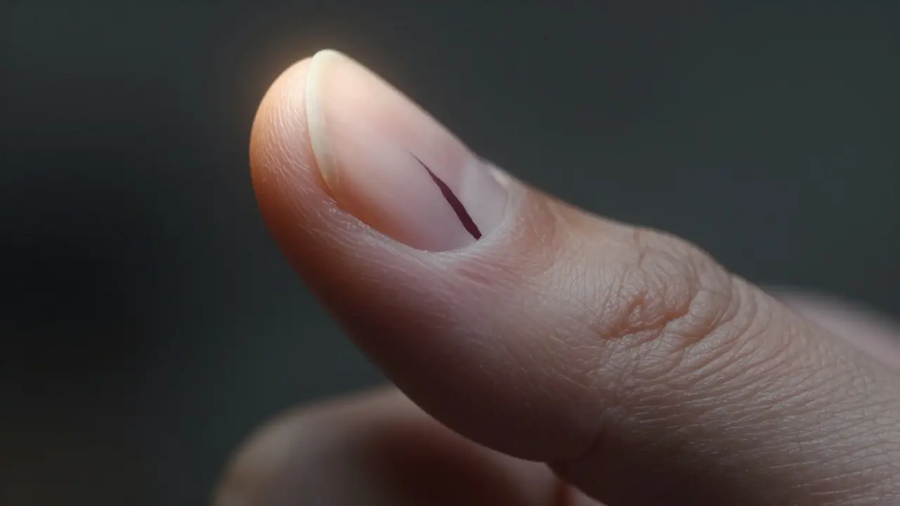 Tmavý nepravidelný pruh pod nehtem, který může být příznakem melanomu.