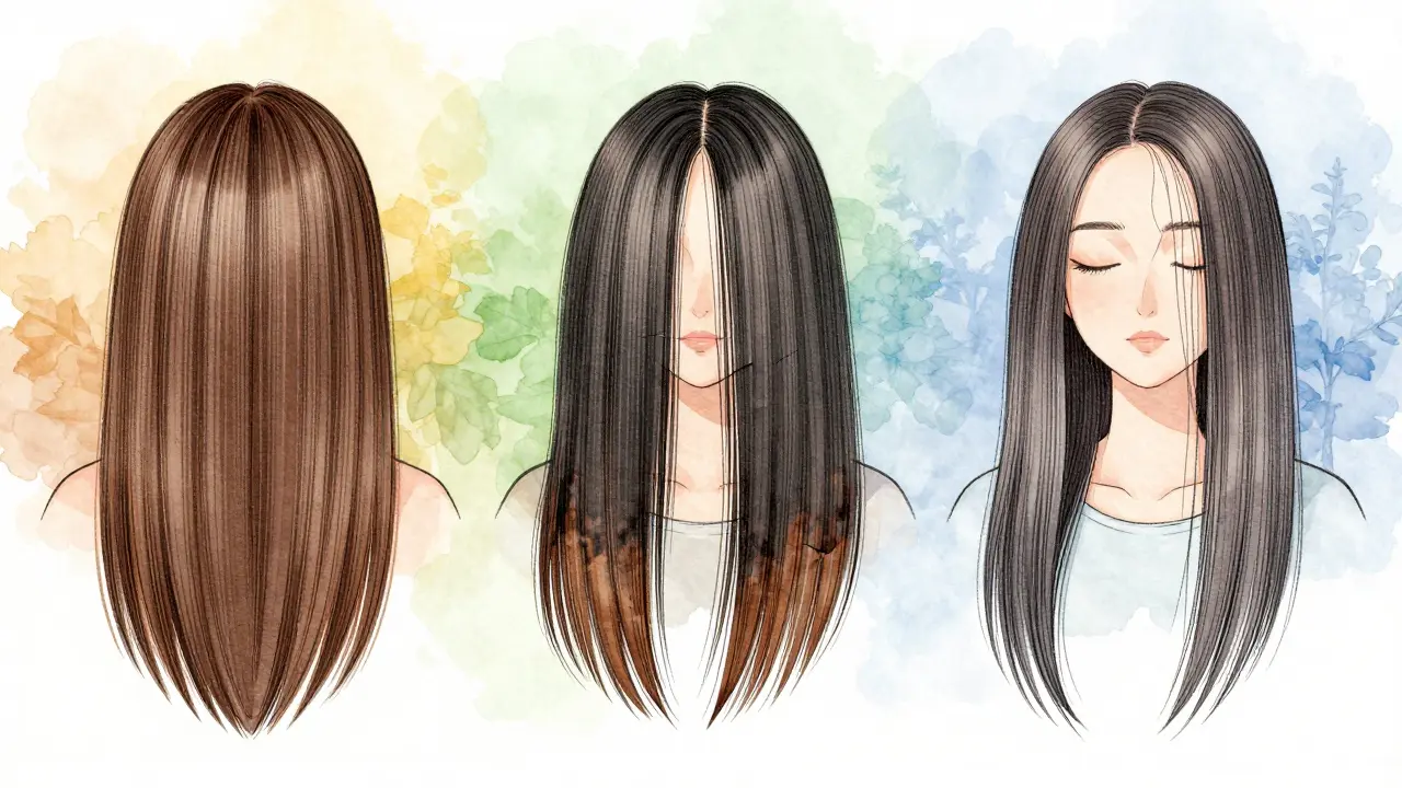 Tři různé stavy vlasů: zdravé, poškozené a řídnoucí, symbolizující vliv věku a stylu života.