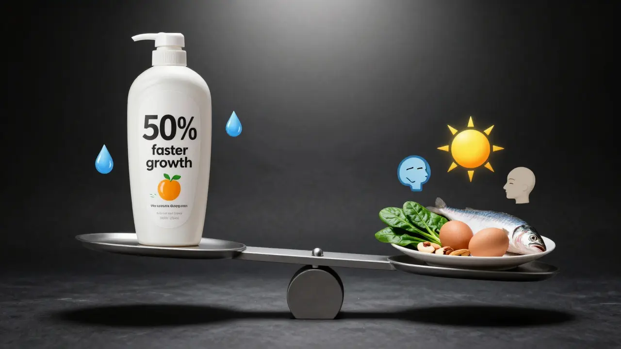 Váha mezi šamponem s falešnými sliby a výživou, která skutečně podporuje růst vlasů.