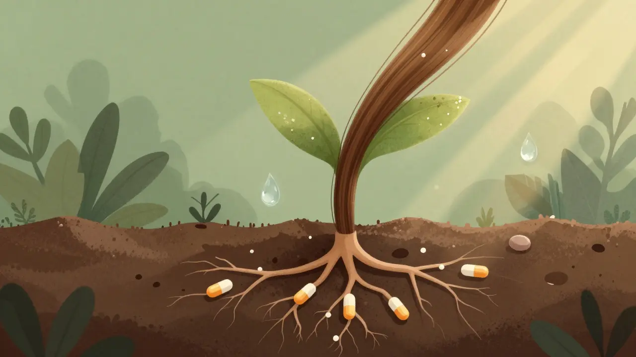 Vlákno vlasu rostoucí z kořenů, které se rozvětvují do vitamínů a minerálů, symbolizující výživu pro zdravé vlasy.