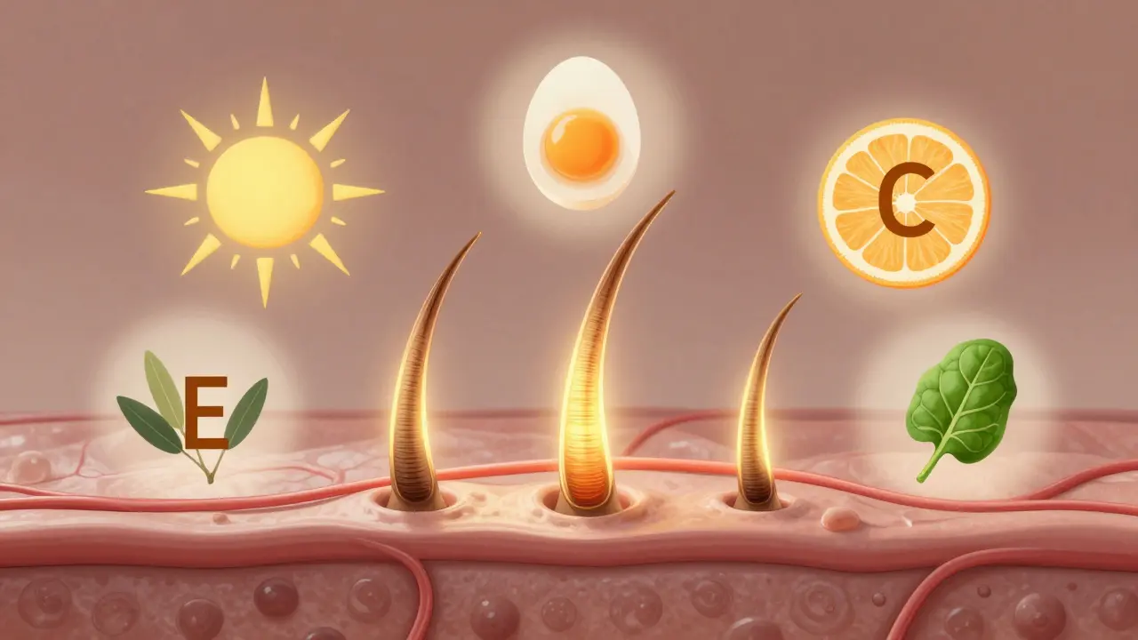 Vlasové folikuly osvětlené vitamíny D, E, biotinem, C a železem, spojené krevními cévami.