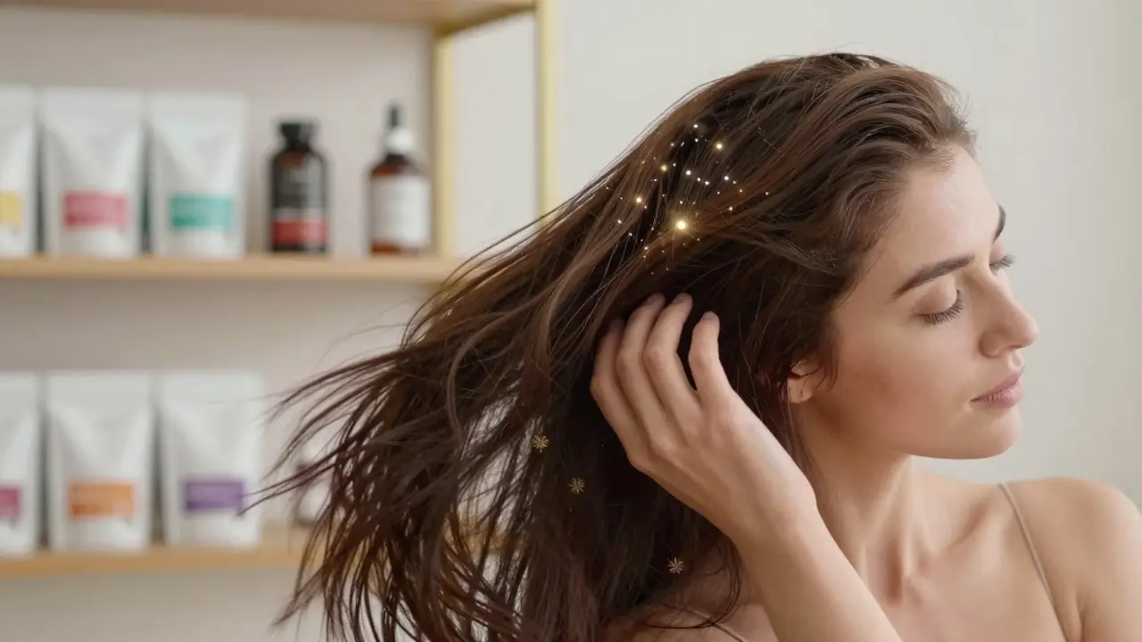Žena hladí své objemné vlasy, z jejího skalpu vystupují jemné světelné částice, symbolizující vnitřní výživu.