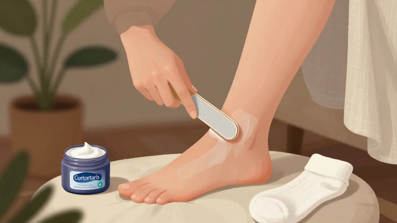Žena jemně piluje pata po namočení, vedle ní krém a bavlněné ponožky.