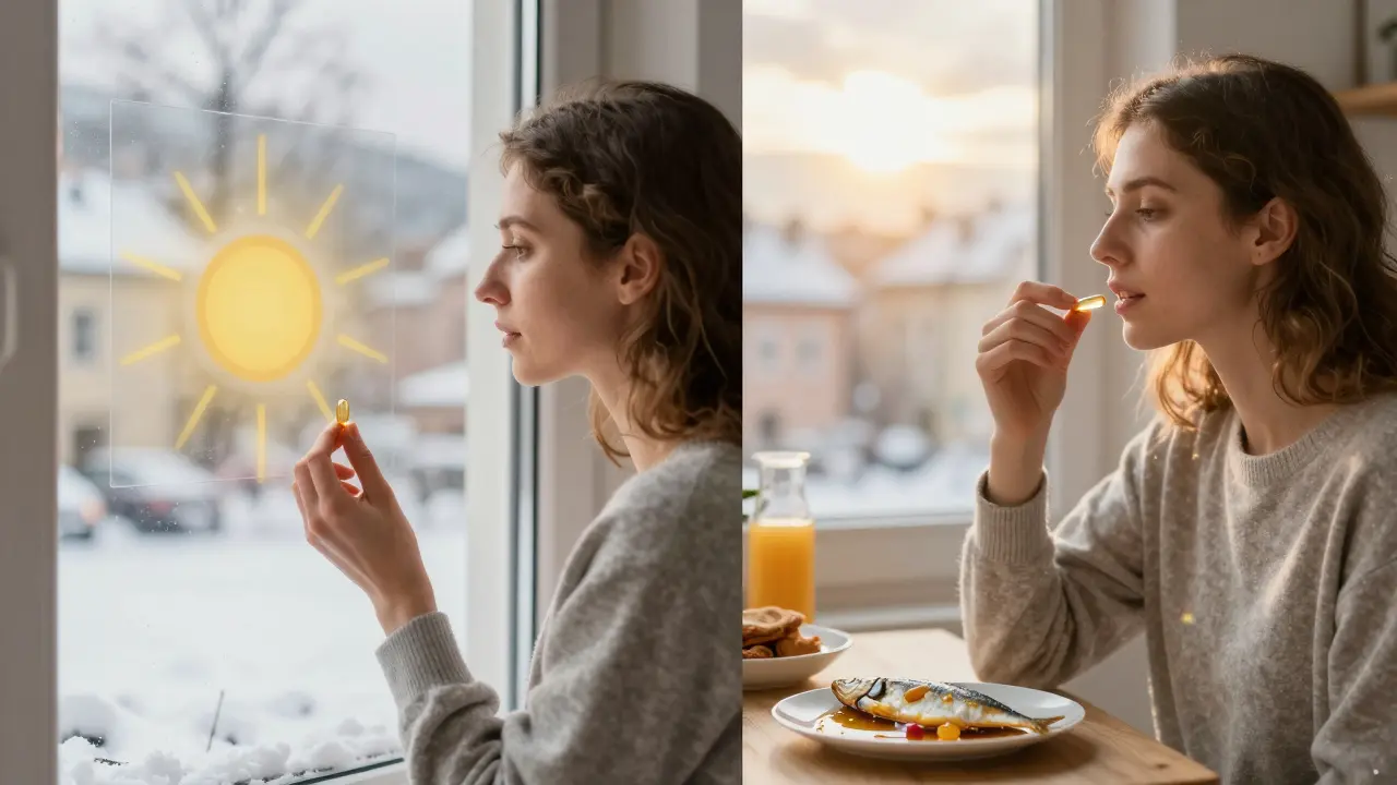 Žena v Brně během zimy: vitamín D u okna s nesprávným vystavením a správným příjmem s jídlem.