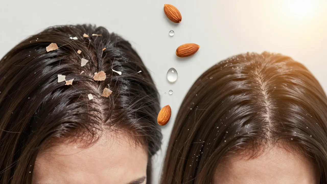 Dvě části skalpu: mastný a poškozený vlevo, zdravý a hydratovaný vpravo.