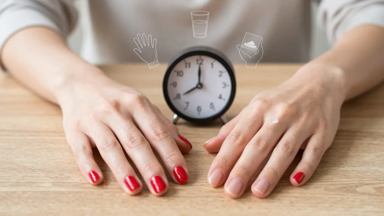 Dvě ruce — jedna s lakem, druhá bez laku — symbolizující péči o nehty.