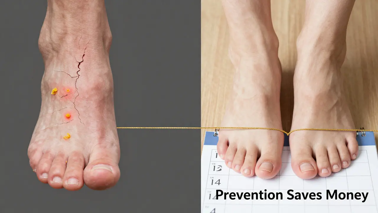 Dvoučástný obrázek: poškozené nohy vlevo a zdravé nohy vpravo, spojené kalendářem s pravidelnými návštěvami.