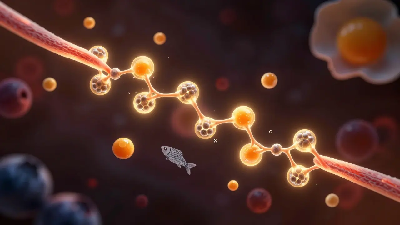 Glowující šlacha složená z aminokyselin a potravinových symbolů.