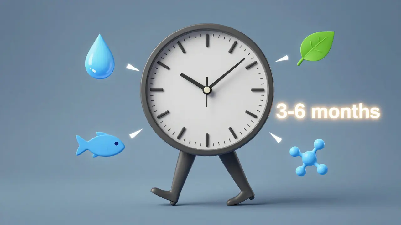 Hodiny s nohama jako ručičkami, symbolizující postupnou obnovu kloubů během 3–6 měsíců.