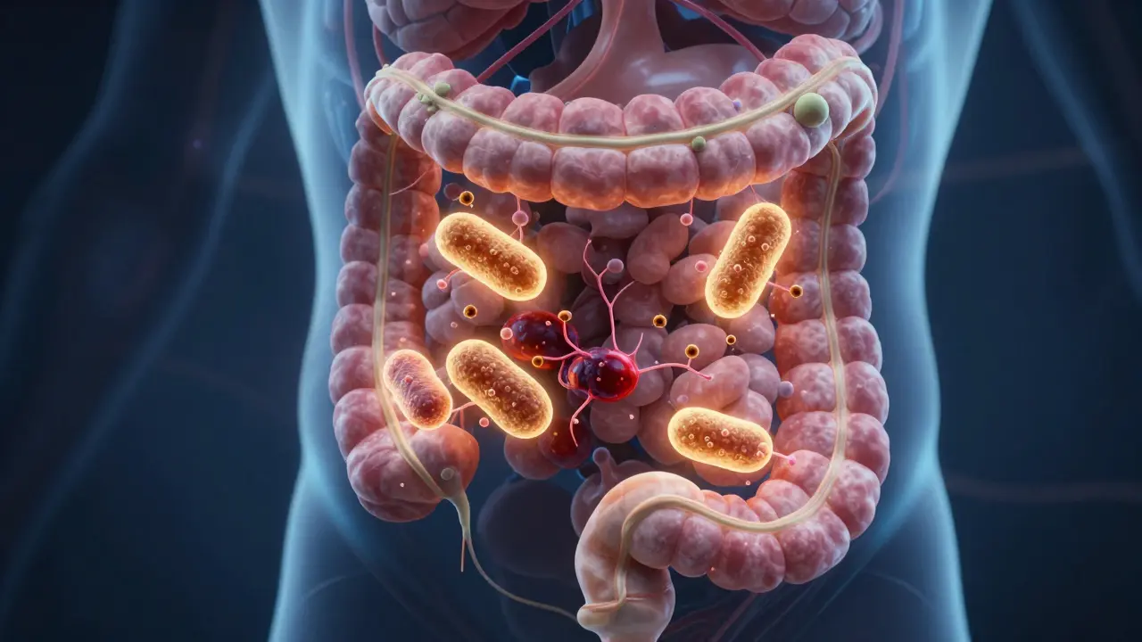 Illuminovaný lidský trávicí trakt s kladnými bakteriemi obnovujícími rovnováhu po antibiotikách.