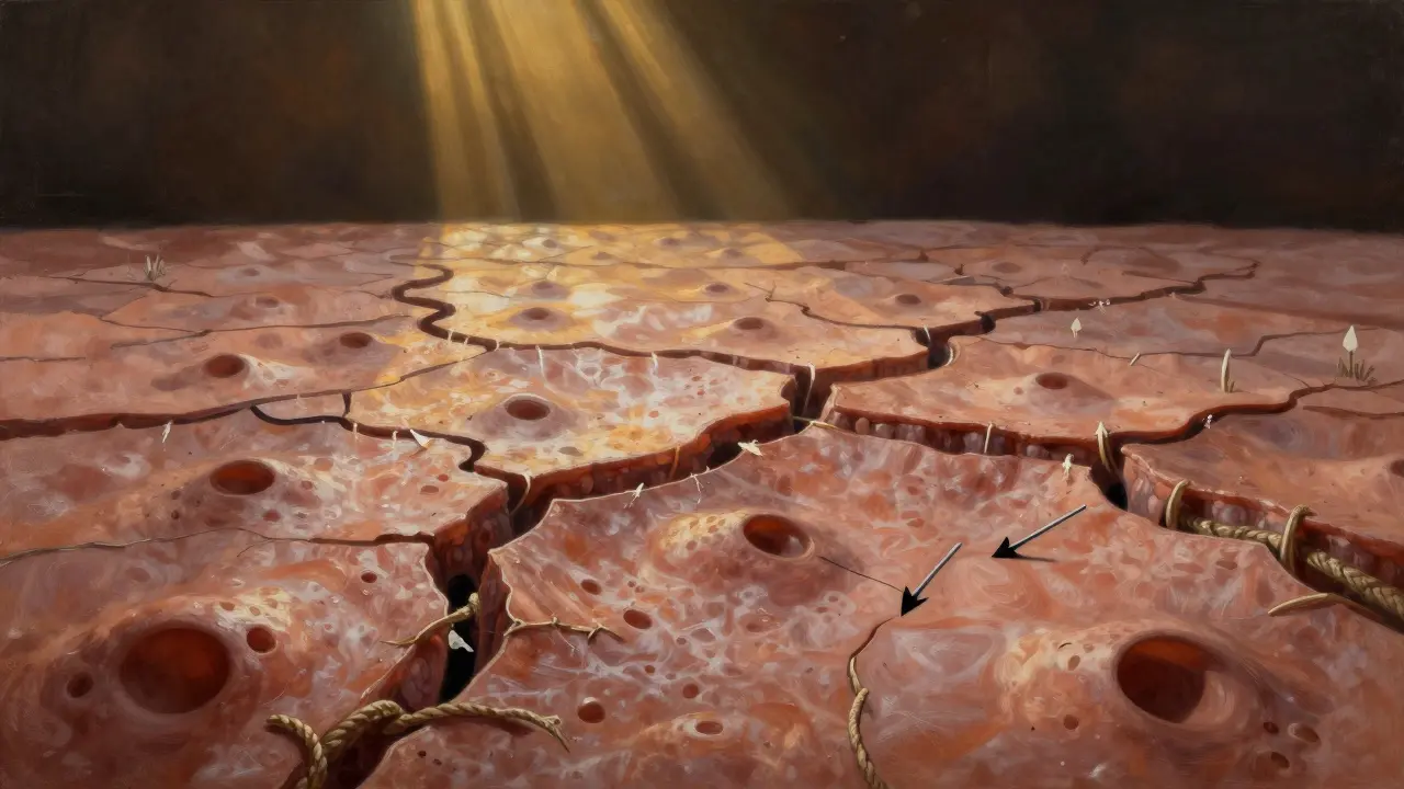 Koncepční zobrazení kůže jako krajiny s rozšířenými pory a regenerací pomocí kosmetických látek.